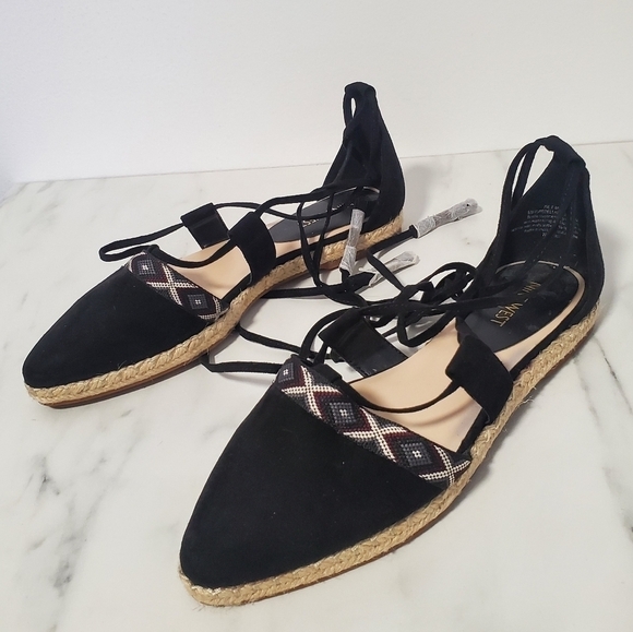 NWOT Nine West Black textile upper Lace Up Flat Pointed Toes Espadrilles - Picture 1 of 5